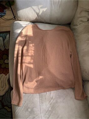 Waffle Knit Scoop Neck Sweater with Open Back in Light Brown